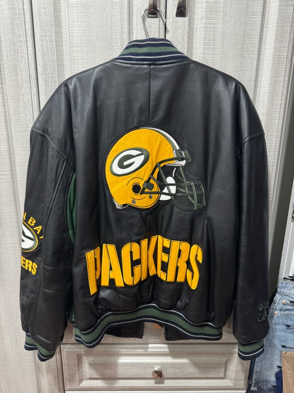 Mens Green Bay Packers Black 100% Leather Vintage Varsity Jacket
